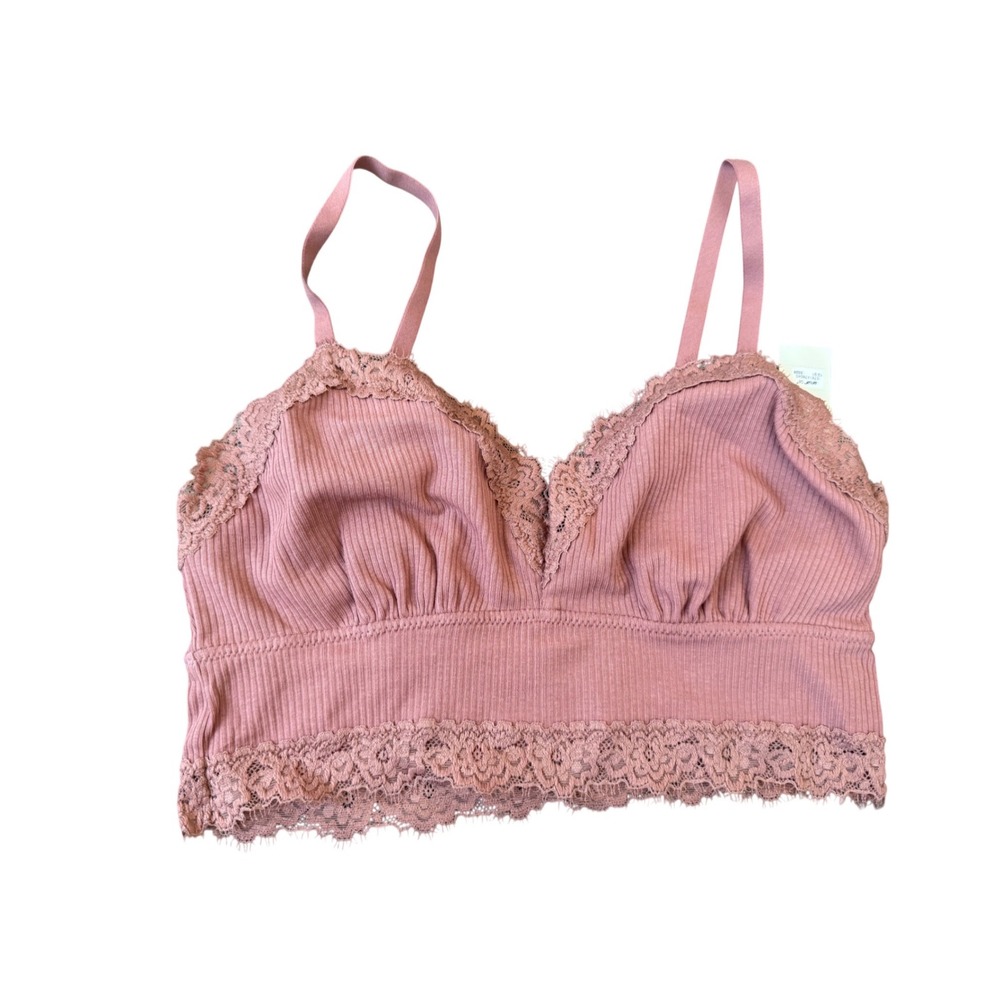 Aerie Ribbed Lace Trim Bralette Dusty‎ Rose Pink V-Neck Adjustable Straps Small